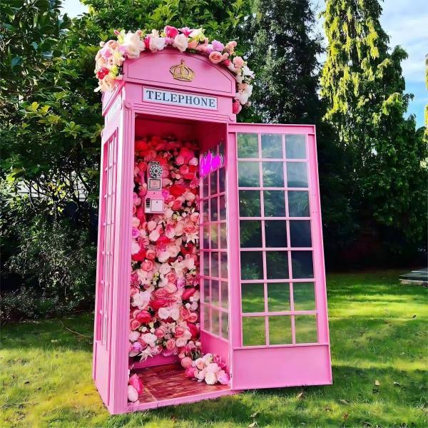 Pink wedding London telephone booth